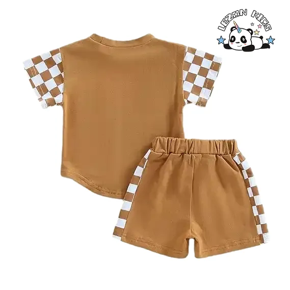 LEZONKIDS - Customizable Summer Checkerboard Plaid Short Sleeve T-Shirt Elastic Waist Shorts Boys Set